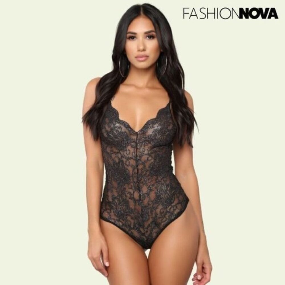 FASHION NOVA Women's Spaghetti Strap Lace Bodysuit Sheer Lingerie for Women